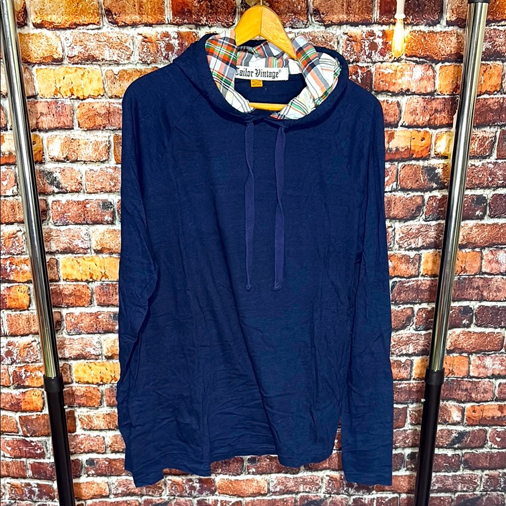 Tailor Vintage Dark Blue Hoodie with Plaid Accents men’s large lightweight